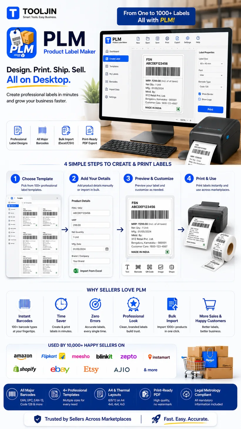 Design, print, ship, sell — create professional product labels in 4 simple steps with PLM: choose template, add details, preview and customise, print and use; used by 10,000+ sellers