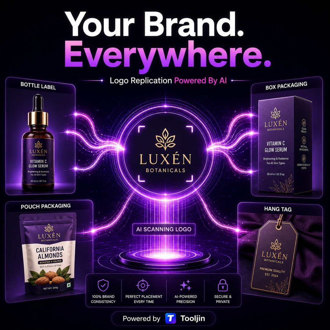 Your brand everywhere — AI replicates your logo across bottle labels, box packaging, pouches and hang tags with perfect consistency