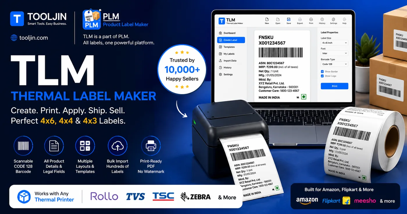 TLM Thermal Label Maker by Tooljin — desktop app creating 4x6 thermal labels with a thermal printer and label roll, perfect 4x6, 4x4 and 4x3 slips