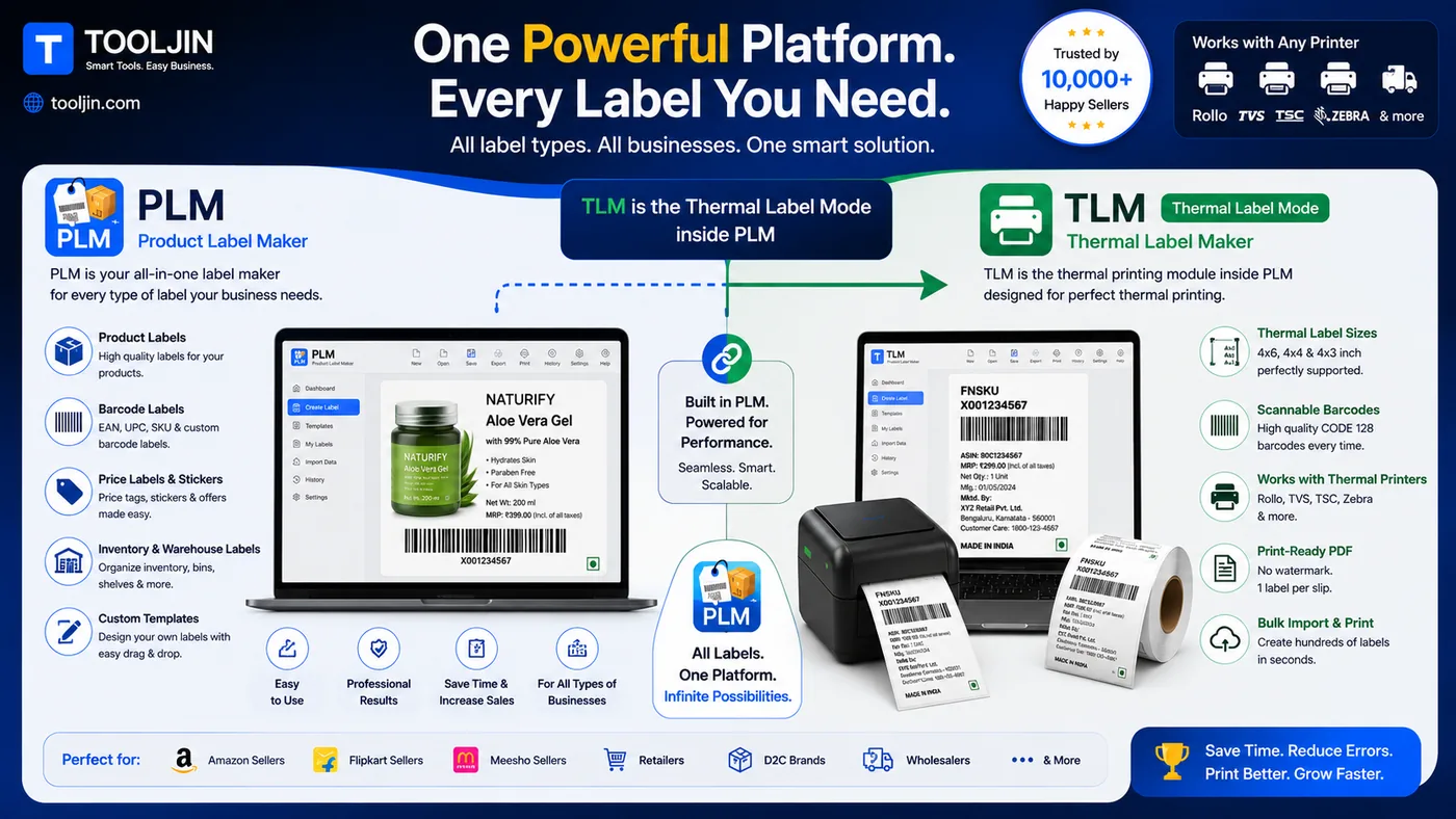 Thermal Label Maker is the thermal mode inside Tooljin's Product Label Maker (PLM) — one platform for marketplace, retail and thermal labels